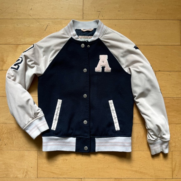 Abercrombie Kids Snap Front Letterman Varsity Jacket Navy Blue Pink sz 11/12 - Picture 1 of 15